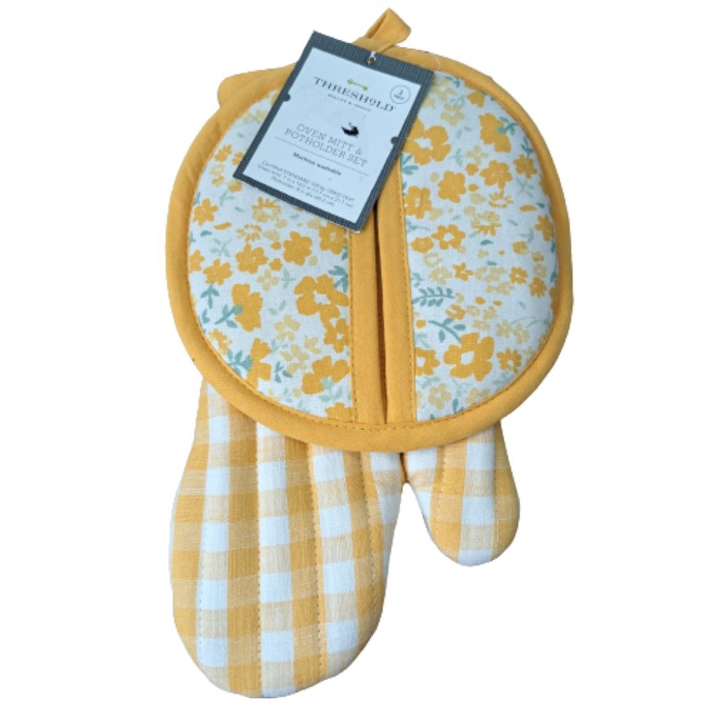 Threshold Oven Mitt & Potholder Set Yellow & White Floral Gingham Standard 2pc